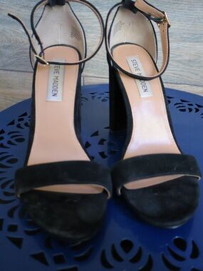 Steve Madden Black Suede Ankle-Strap Block Heels